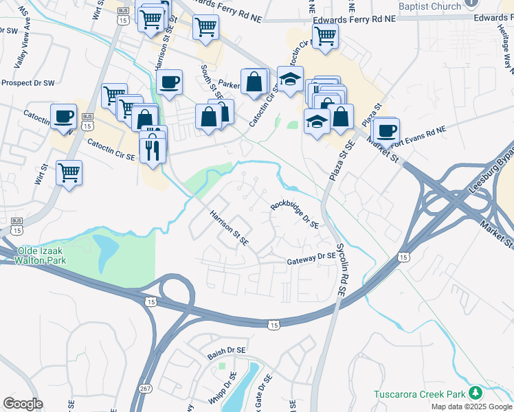 map of restaurants, bars, coffee shops, grocery stores, and more near 106 Oakview Drive Southeast in Leesburg