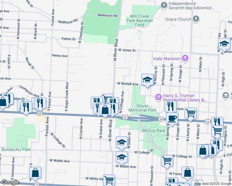 map of restaurants, bars, coffee shops, grocery stores, and more near 1221 North River Boulevard in Independence