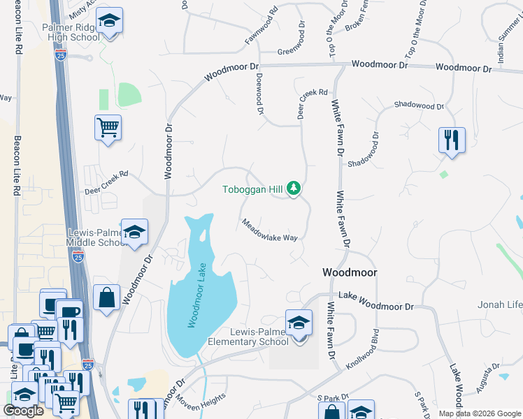 map of restaurants, bars, coffee shops, grocery stores, and more near 1410 Catamaran Lane in Monument