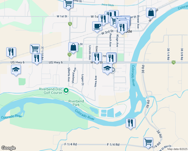 map of restaurants, bars, coffee shops, grocery stores, and more near 827 Iowa Avenue in Palisade