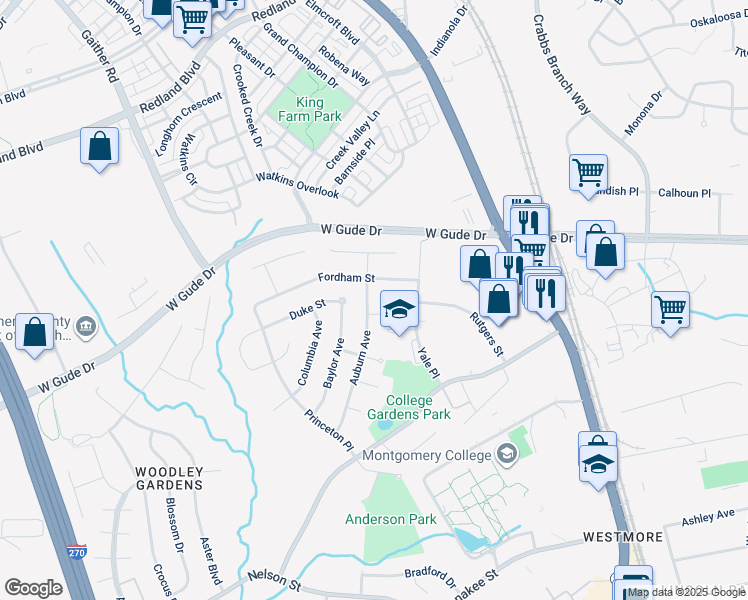 map of restaurants, bars, coffee shops, grocery stores, and more near 1615 Auburn Avenue in Rockville