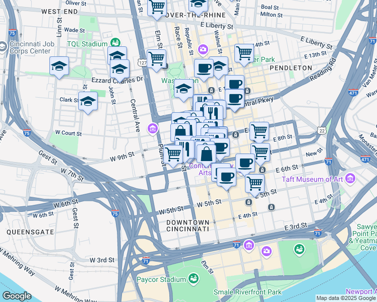 map of restaurants, bars, coffee shops, grocery stores, and more near in Cincinnati