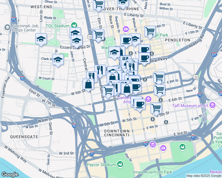 map of restaurants, bars, coffee shops, grocery stores, and more near 90 West 9th Street in Cincinnati