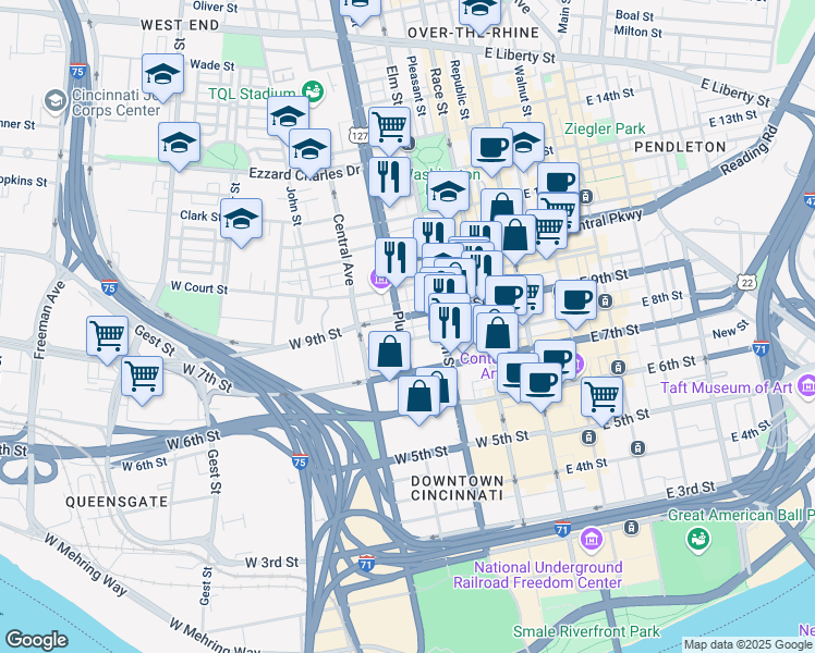 map of restaurants, bars, coffee shops, grocery stores, and more near 302 West 9th Street in Cincinnati