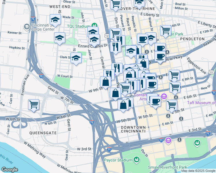 map of restaurants, bars, coffee shops, grocery stores, and more near in Cincinnati