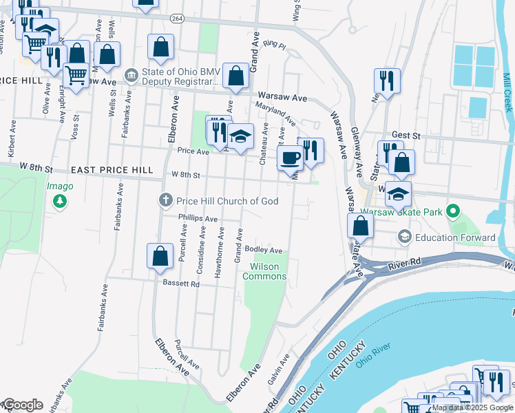 map of restaurants, bars, coffee shops, grocery stores, and more near 741 Grand Avenue in Cincinnati