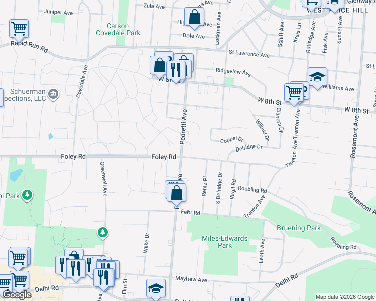 map of restaurants, bars, coffee shops, grocery stores, and more near 634 Pedretti Avenue in Cincinnati