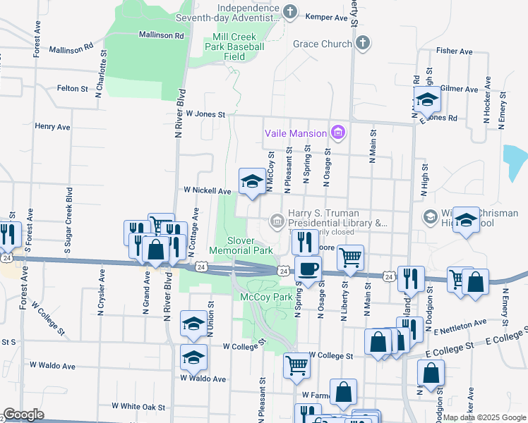 map of restaurants, bars, coffee shops, grocery stores, and more near 600 West Mechanic Avenue in Independence