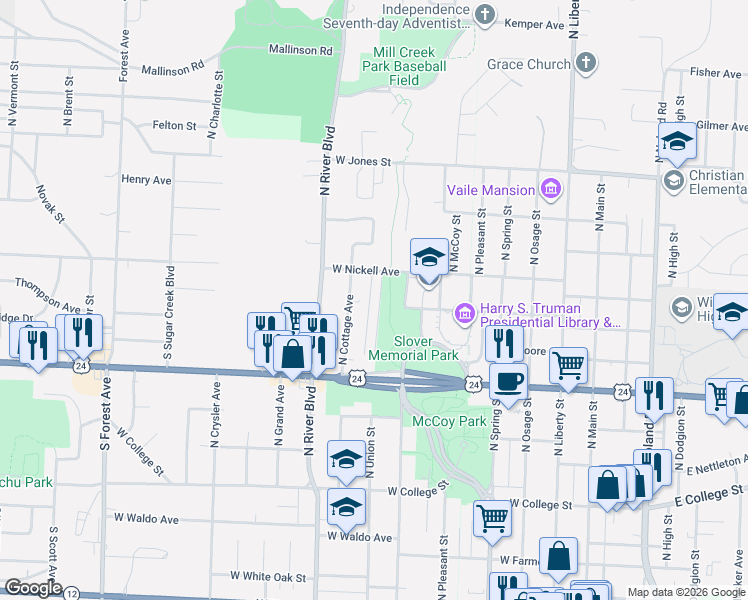 map of restaurants, bars, coffee shops, grocery stores, and more near 1218 North Union Street in Independence