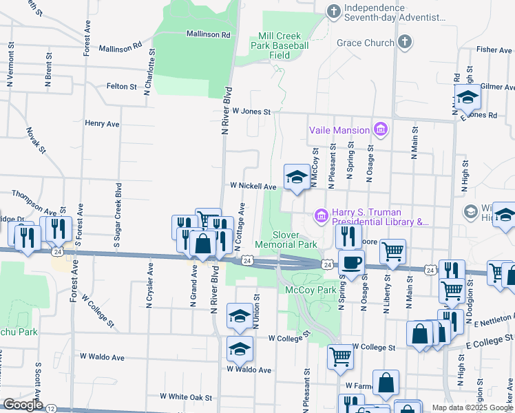 map of restaurants, bars, coffee shops, grocery stores, and more near 1218 North Union Street in Independence