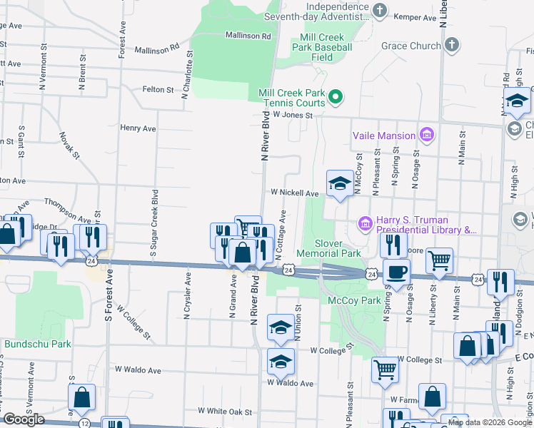 map of restaurants, bars, coffee shops, grocery stores, and more near 1221 North River Boulevard in Independence