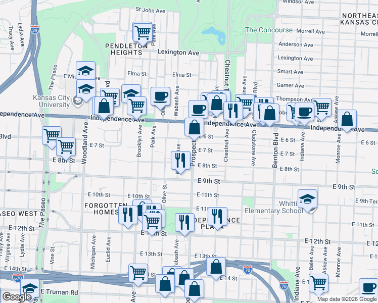 map of restaurants, bars, coffee shops, grocery stores, and more near 637 Prospect Avenue in Kansas City