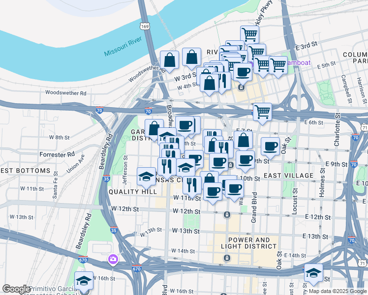 map of restaurants, bars, coffee shops, grocery stores, and more near 716 May Street in Kansas City
