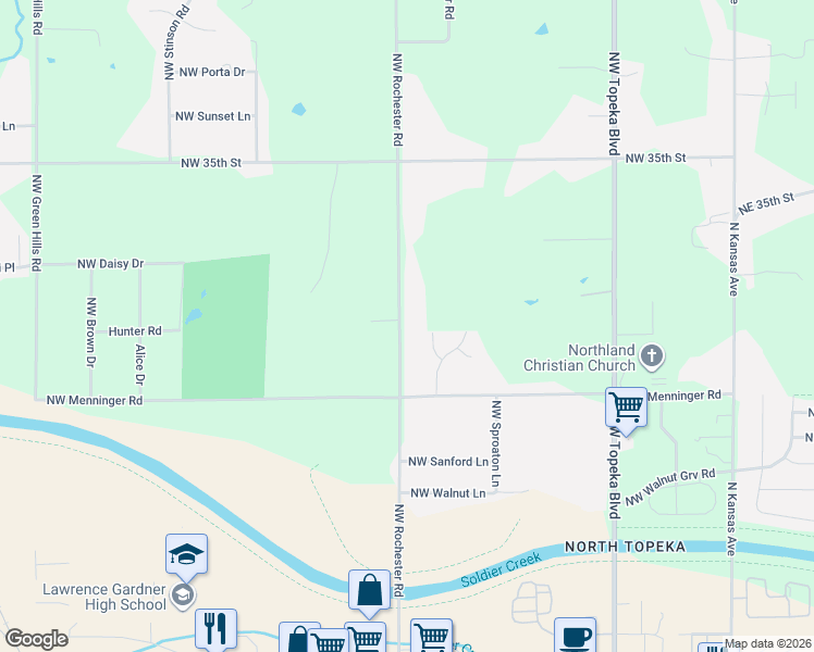 map of restaurants, bars, coffee shops, grocery stores, and more near 3216 Northwest Rochester Road in Topeka