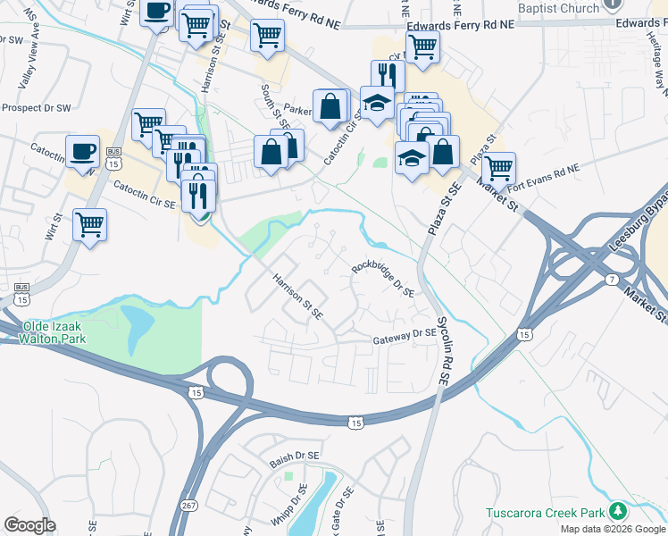 map of restaurants, bars, coffee shops, grocery stores, and more near 106 Oakview Drive Southeast in Leesburg