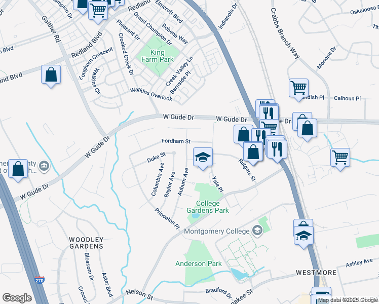 map of restaurants, bars, coffee shops, grocery stores, and more near 1615 Auburn Avenue in Rockville