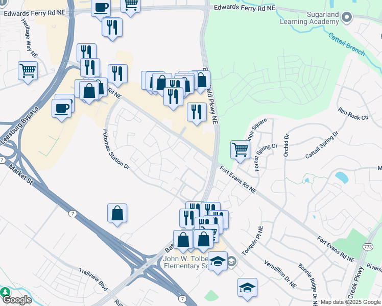 map of restaurants, bars, coffee shops, grocery stores, and more near 567 Tuliptree Square Northeast in Leesburg