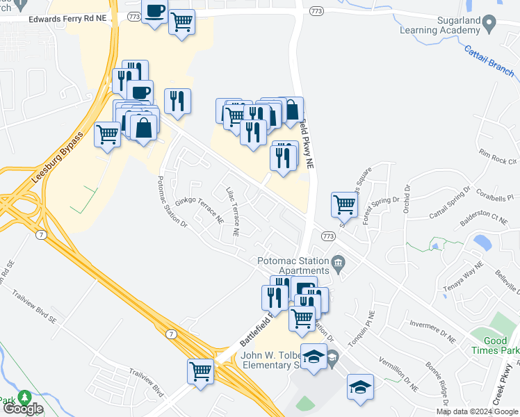 map of restaurants, bars, coffee shops, grocery stores, and more near 520 Tuliptree Square Northeast in Leesburg