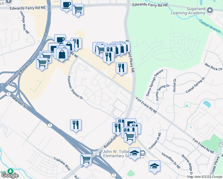 map of restaurants, bars, coffee shops, grocery stores, and more near 520 Tuliptree Square Northeast in Leesburg