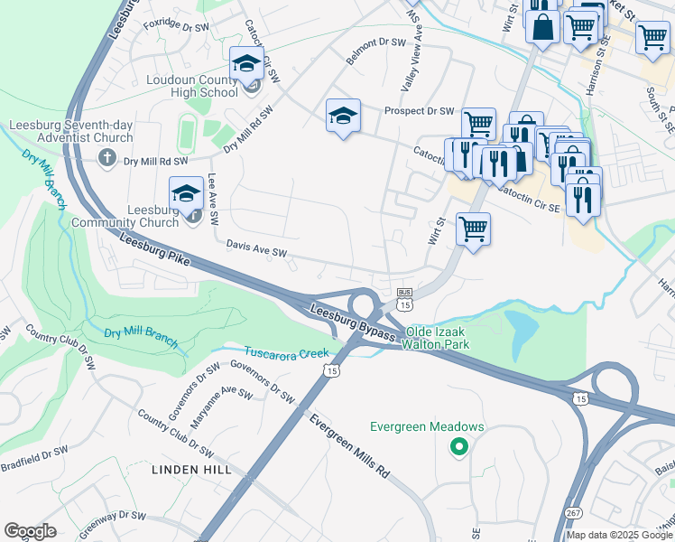 map of restaurants, bars, coffee shops, grocery stores, and more near 141 Davis Avenue Southwest in Leesburg