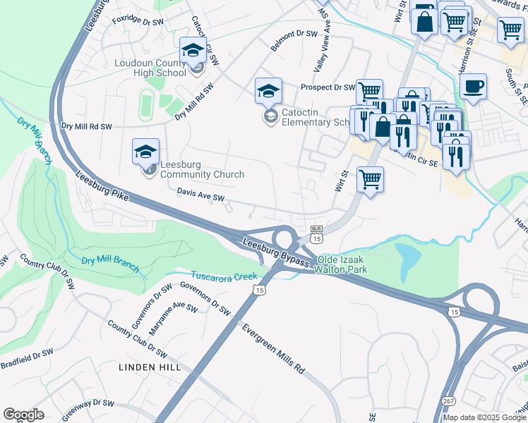 map of restaurants, bars, coffee shops, grocery stores, and more near 141 Davis Avenue Southwest in Leesburg