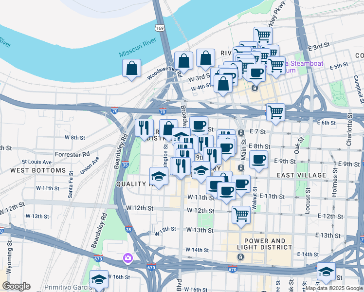 map of restaurants, bars, coffee shops, grocery stores, and more near in Kansas City