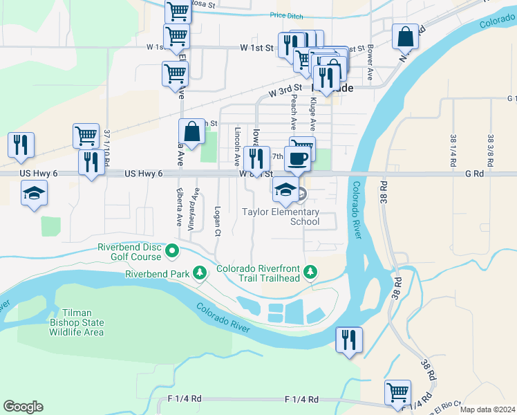 map of restaurants, bars, coffee shops, grocery stores, and more near 827 Iowa Avenue in Palisade