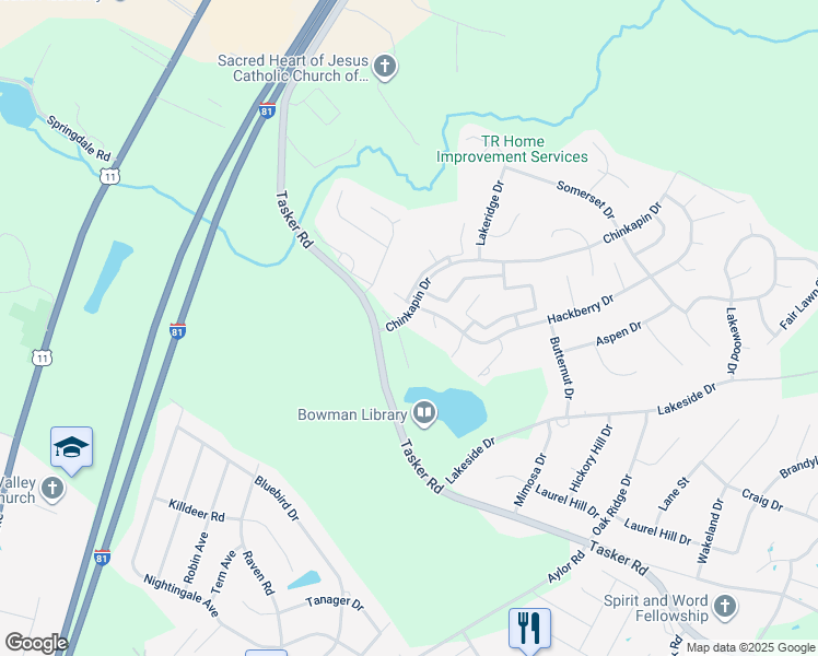 map of restaurants, bars, coffee shops, grocery stores, and more near 117 Chinkapin Drive in Stephens City