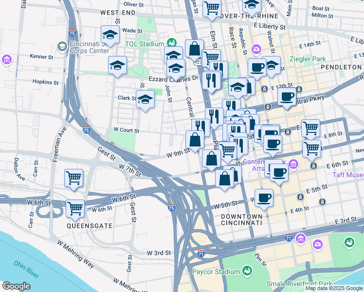 map of restaurants, bars, coffee shops, grocery stores, and more near 938 Weninger Circle in Cincinnati