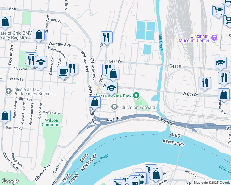 map of restaurants, bars, coffee shops, grocery stores, and more near 2105 West 8th Street in Cincinnati