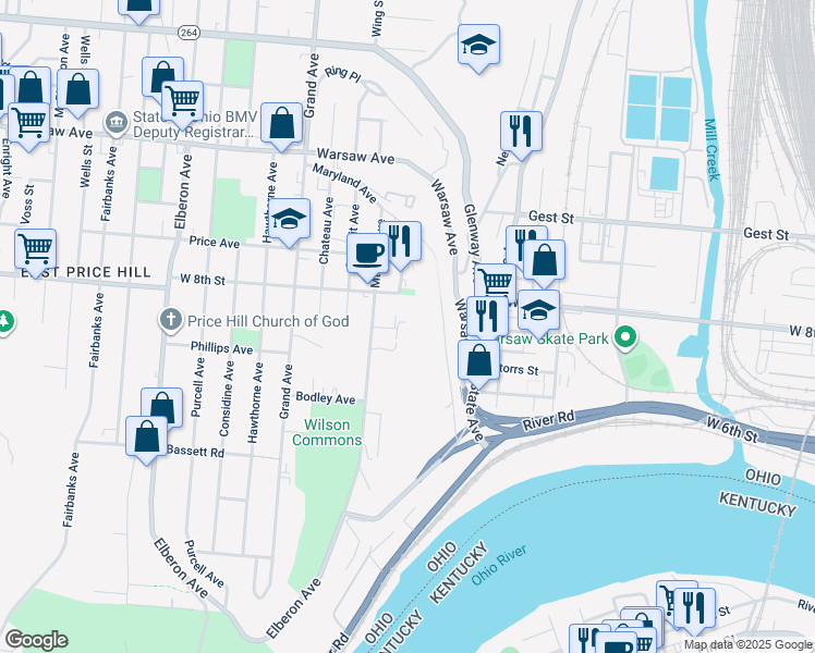 map of restaurants, bars, coffee shops, grocery stores, and more near 2429 Chateau Avenue in Cincinnati