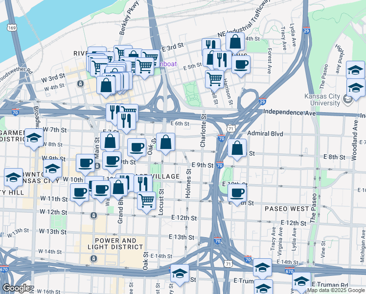 map of restaurants, bars, coffee shops, grocery stores, and more near 600 East 8th Street in Kansas City