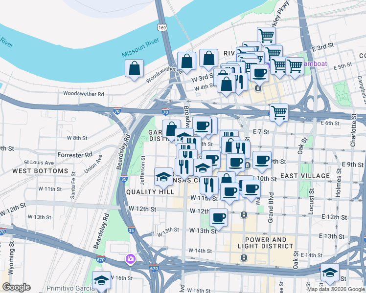map of restaurants, bars, coffee shops, grocery stores, and more near in Kansas City