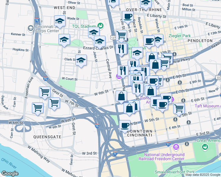 map of restaurants, bars, coffee shops, grocery stores, and more near 400 West 9th Street in Cincinnati