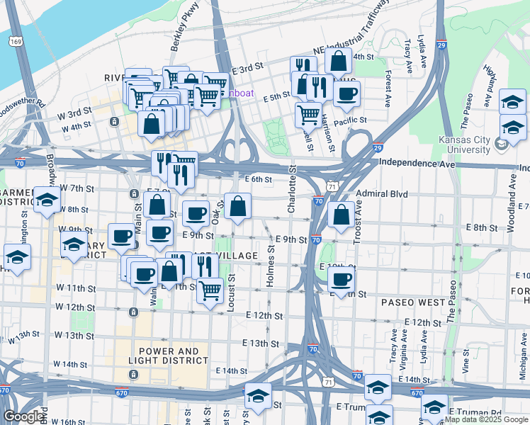 map of restaurants, bars, coffee shops, grocery stores, and more near 600 East 8th Street in Kansas City