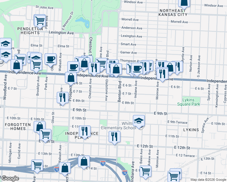 map of restaurants, bars, coffee shops, grocery stores, and more near 3018 East 7 Street in Kansas City