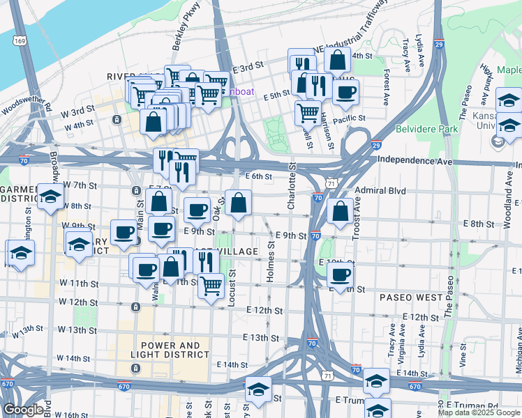 map of restaurants, bars, coffee shops, grocery stores, and more near 600 East 8th Street in Kansas City