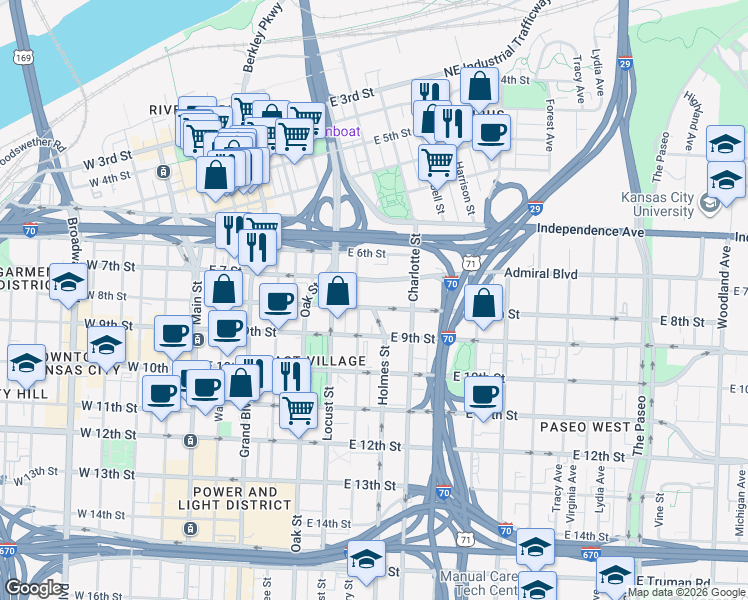 map of restaurants, bars, coffee shops, grocery stores, and more near 600 East 8th Street in Kansas City