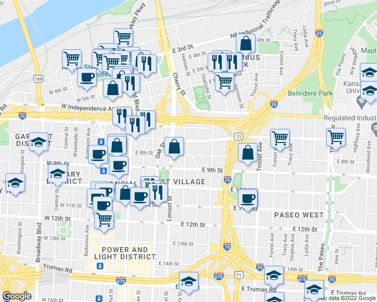 map of restaurants, bars, coffee shops, grocery stores, and more near 600 East 8th Street in Kansas City