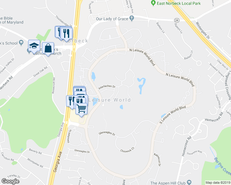 map of restaurants, bars, coffee shops, grocery stores, and more near 3500 Forest Edge Drive in Silver Spring