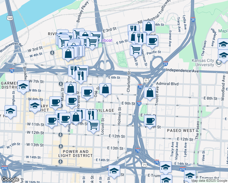 map of restaurants, bars, coffee shops, grocery stores, and more near 600 East 8th Street in Kansas City