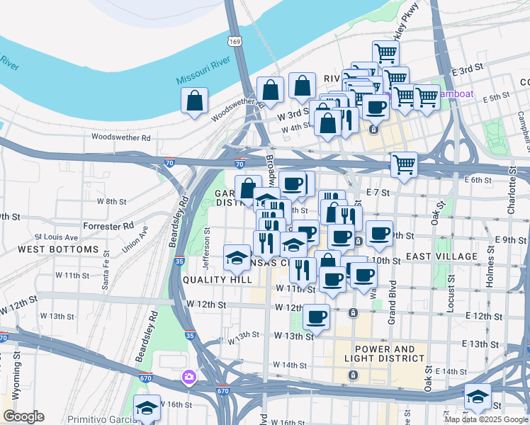 map of restaurants, bars, coffee shops, grocery stores, and more near in Kansas City