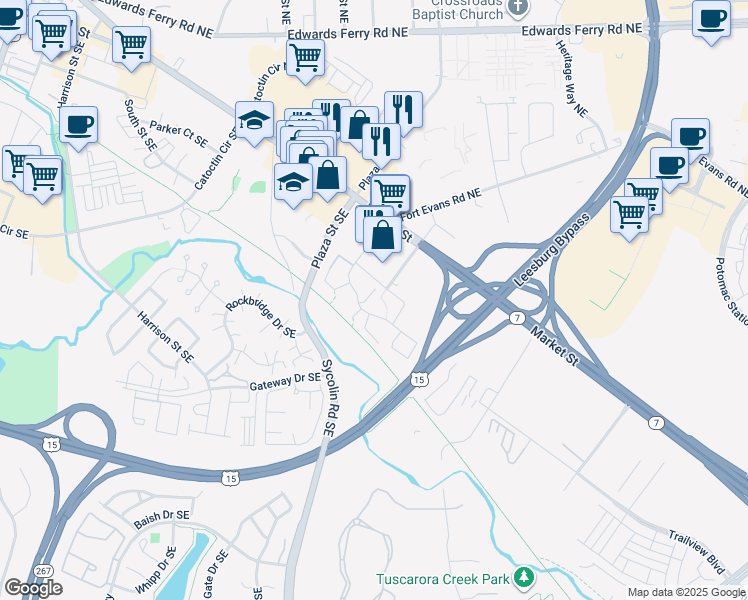 map of restaurants, bars, coffee shops, grocery stores, and more near 129 Fort Evans Road Southeast in Leesburg