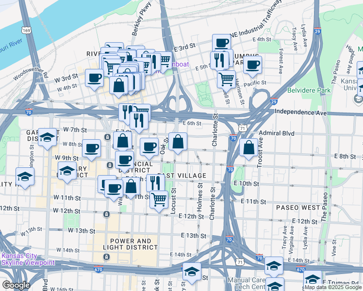 map of restaurants, bars, coffee shops, grocery stores, and more near 500 East 8th Street in Kansas City