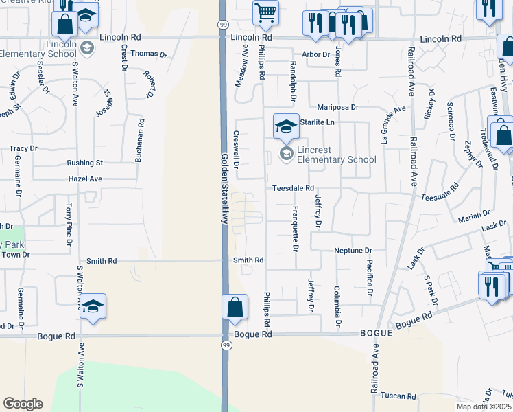 map of restaurants, bars, coffee shops, grocery stores, and more near 1561 Phillips Road in Yuba City