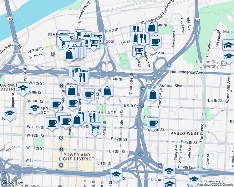 map of restaurants, bars, coffee shops, grocery stores, and more near 600 East 8th Street in Kansas City
