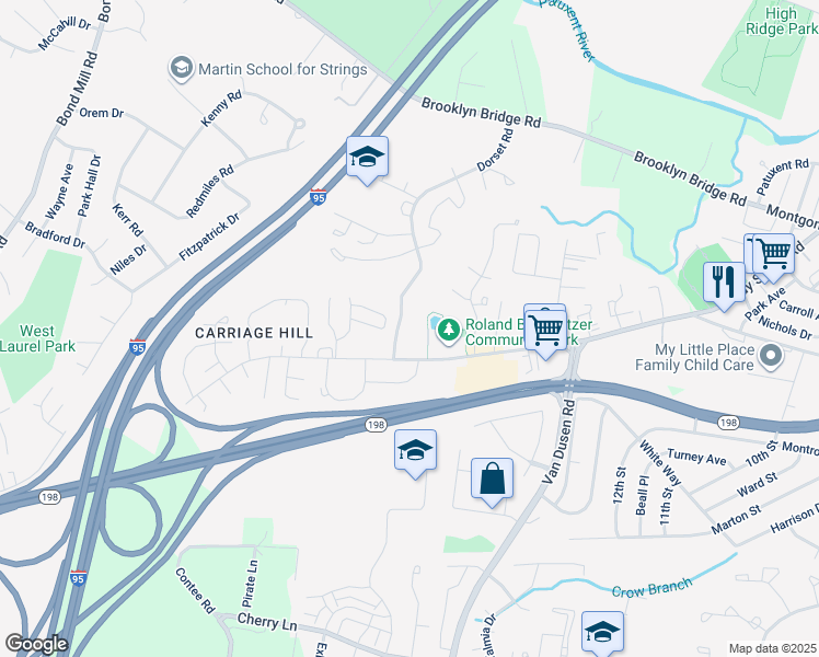 map of restaurants, bars, coffee shops, grocery stores, and more near 15603 Dorset Road in Laurel