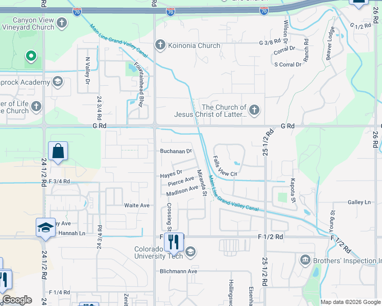 map of restaurants, bars, coffee shops, grocery stores, and more near 2518 Buchanan Drive in Grand Junction