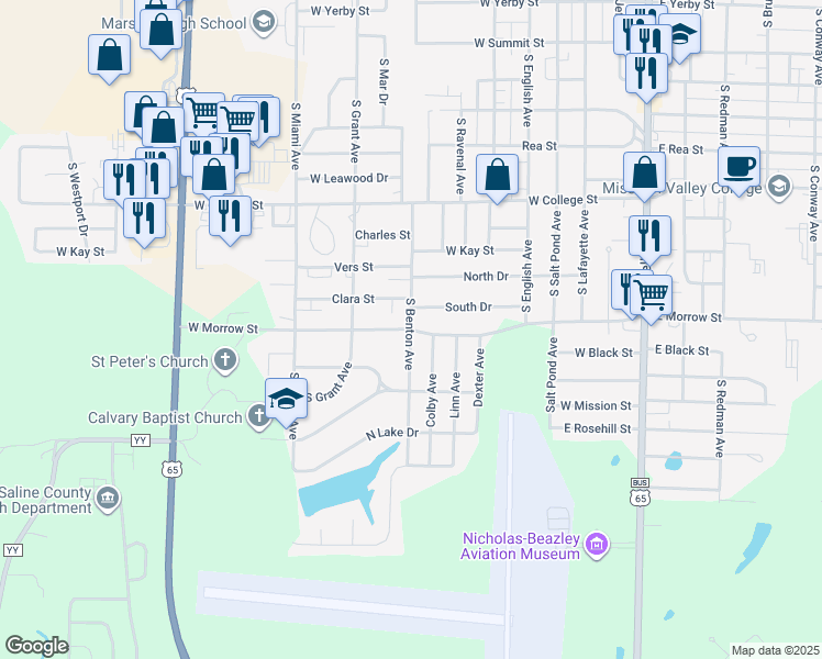 map of restaurants, bars, coffee shops, grocery stores, and more near West Morrow Street in Marshall