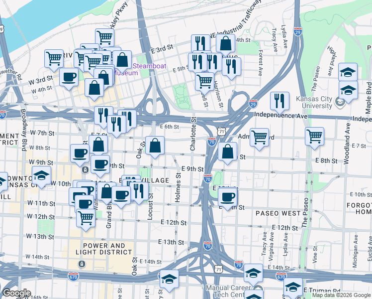 map of restaurants, bars, coffee shops, grocery stores, and more near 700 East 8th Street in Kansas City